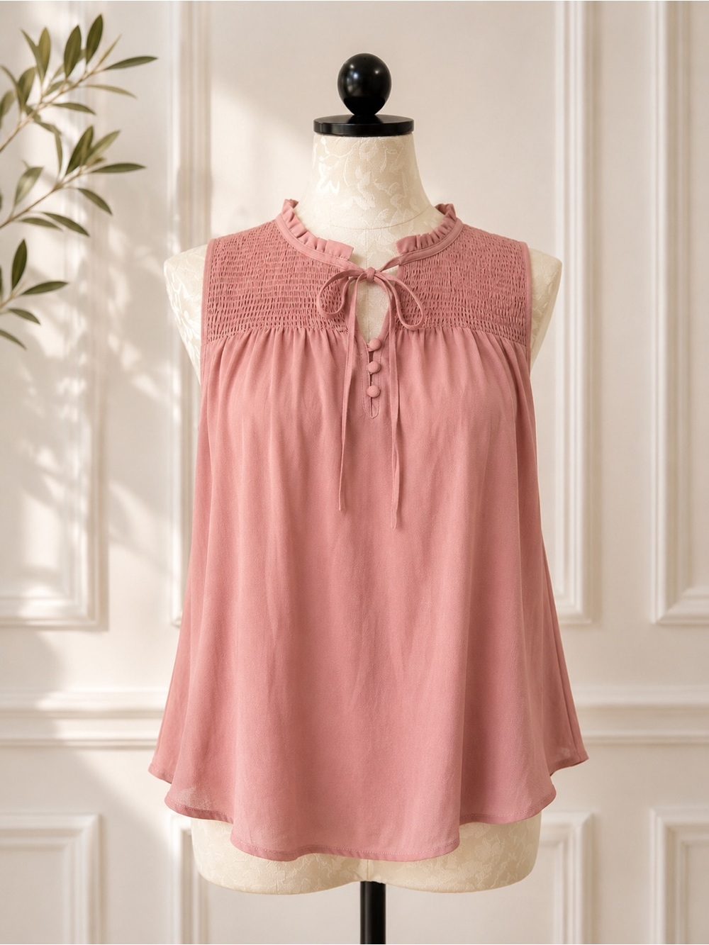 Active USA Dusty Rose Smocked Yoke Tie-Front Camisole Top